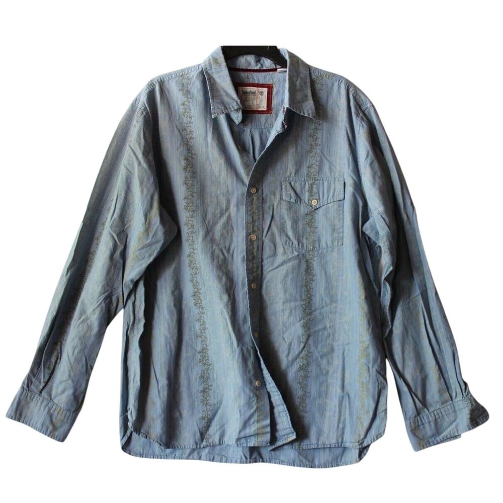 TIMBERLAND Mens XL Button Up Blue Pocket Long Sleeve Floral Design. *NICE